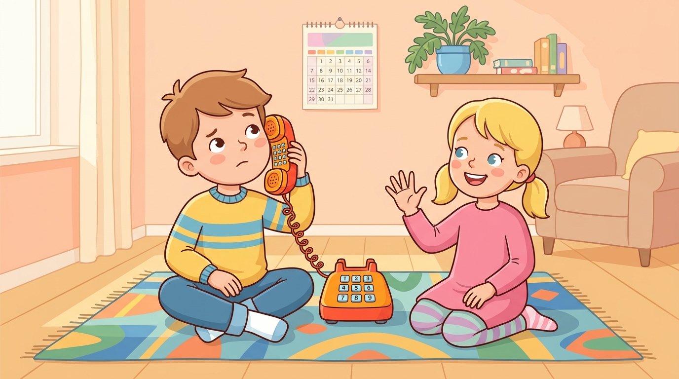 Leo sits on a rug holding a toy telephone with a thoughtful expression, while Maya sits beside him smiling and counting on her fingers
